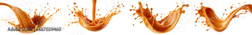 Set of caramel splashes, sweet liquid candy swirls, and waves splashing with droplets. Isolated brown melt toffee syrup stream with splatters and dynamic motion, perfect for ads and promo design. photo