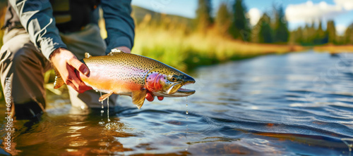 A person's hands gently holding a trout, highlighting the importance of conservation efforts to protect the ecological balance of rivers and streams, especially during spawning. photo