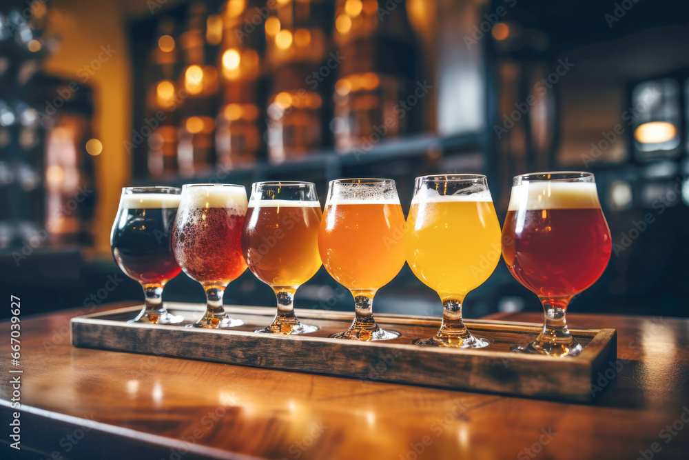 A selection of fresh beers on tap at a brewery, with a background of hop vines and a yellow counter.