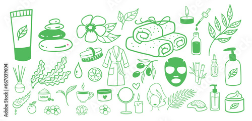 Spa salon accessorises with herbal cosmetics. Vector illustration doodles set
