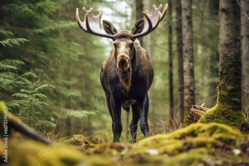 A magnificent male elk, also known as a bull, with impressive antlers, standing in a beautiful forest setting during the fall season.