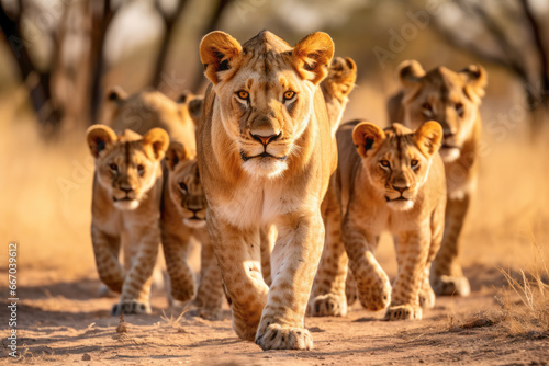 A majestic lioness, the queen of the African savanna, standing proudly with her cubs by her side, showcasing the beauty and strength of these wild cats.