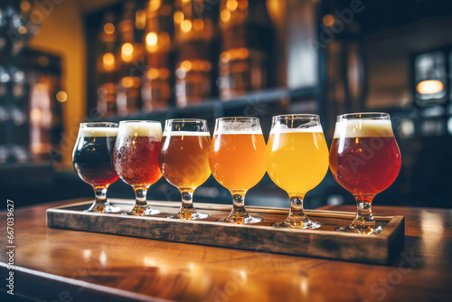 A selection of fresh beers on tap at a brewery, with a background of hop vines and a yellow counter.