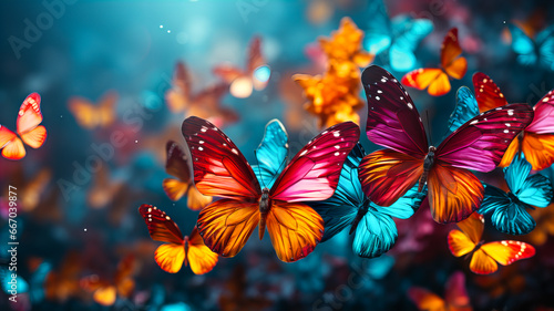 Many different colorful butterflies on abstract watercolor background with place for your text. Generative AI technology.