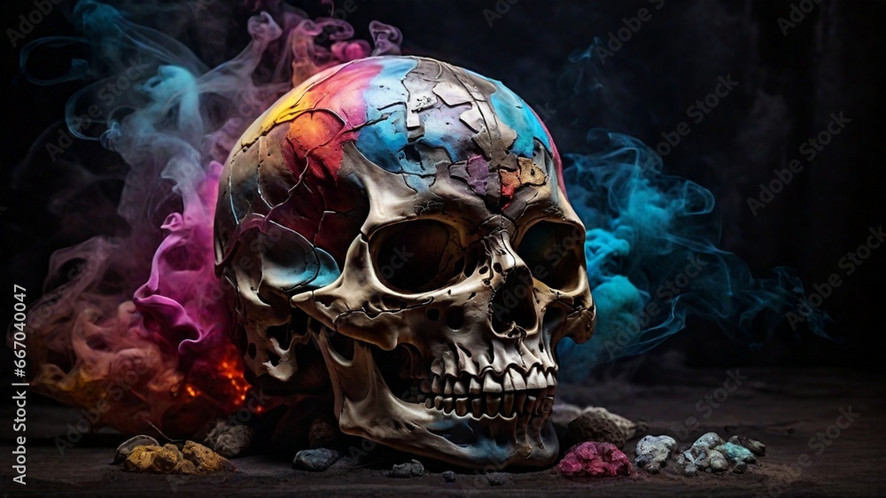 skull with colourful smoke 