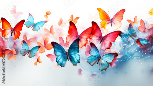 Many different colorful butterflies on abstract watercolor background with place for your text. Generative AI technology.