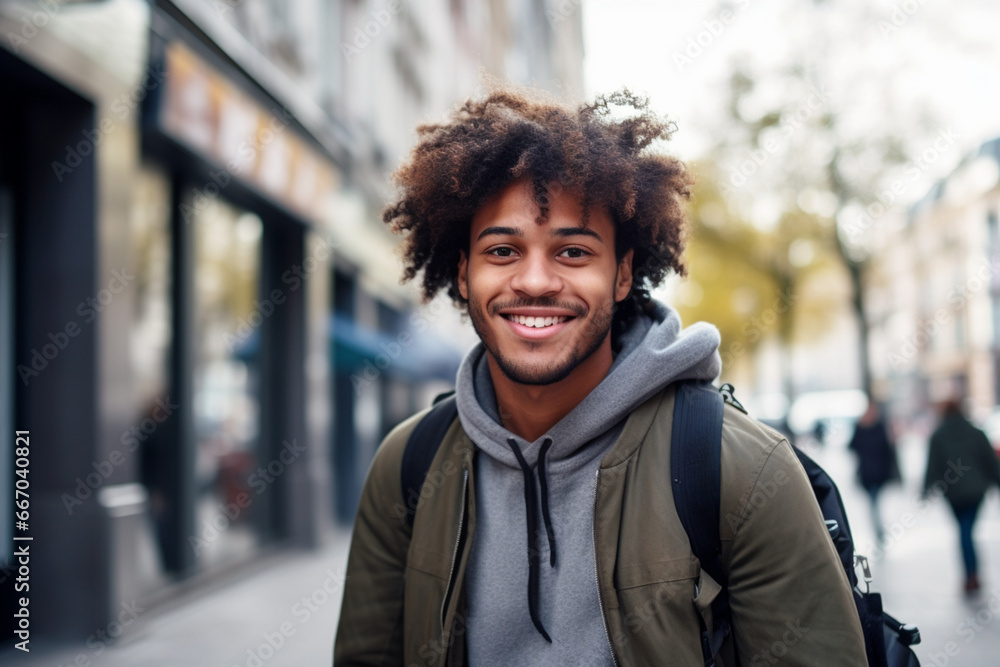 portrait of Young man looking at the camera with a big smile while in the city street, He is carrying a shoulder bag portrait of Young man looking at the camera with a big smile while in the city street, He is carrying a shoulder bag