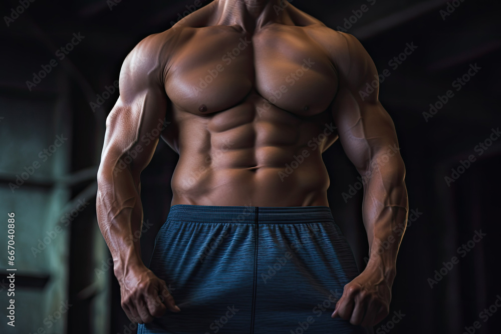 Muscular male torso of a fitness trainer in the gym. Muscular male torso of a fitness trainer in the gym.