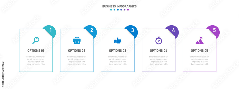 Timeline infographic with infochart. Modern presentation template with 5 spets for business process. Website template on white background for concept modern design. Horizontal layout. - obrazy, fototapety, plakaty 