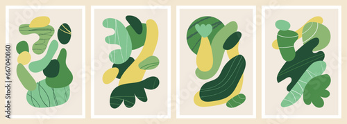 Green organic forms. Hand drawn simple shapes. Flat vector illustration collection influenced by Naive art and graffiti. Abstract backgrounds for poster, card, cover, packaging, banner or branding.