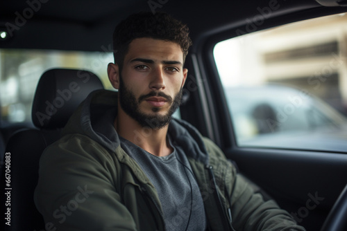 Portrait of Young Middle Eastern man in SUV driver’s seat