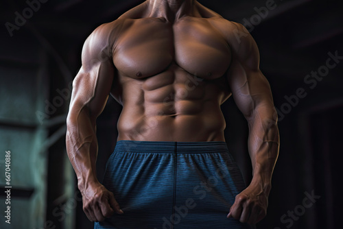 Muscular male torso of a fitness trainer in the gym.