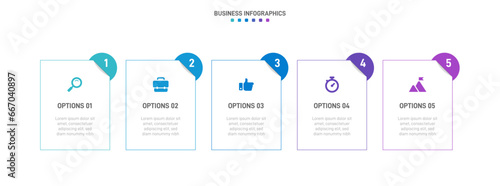 Timeline infographic with infochart. Modern presentation template with 5 spets for business process. Website template on white background for concept modern design. Horizontal layout.