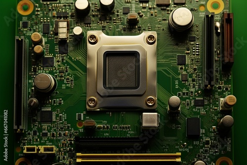 Top down view of a Bradesko GPU board with a vibrant green frame