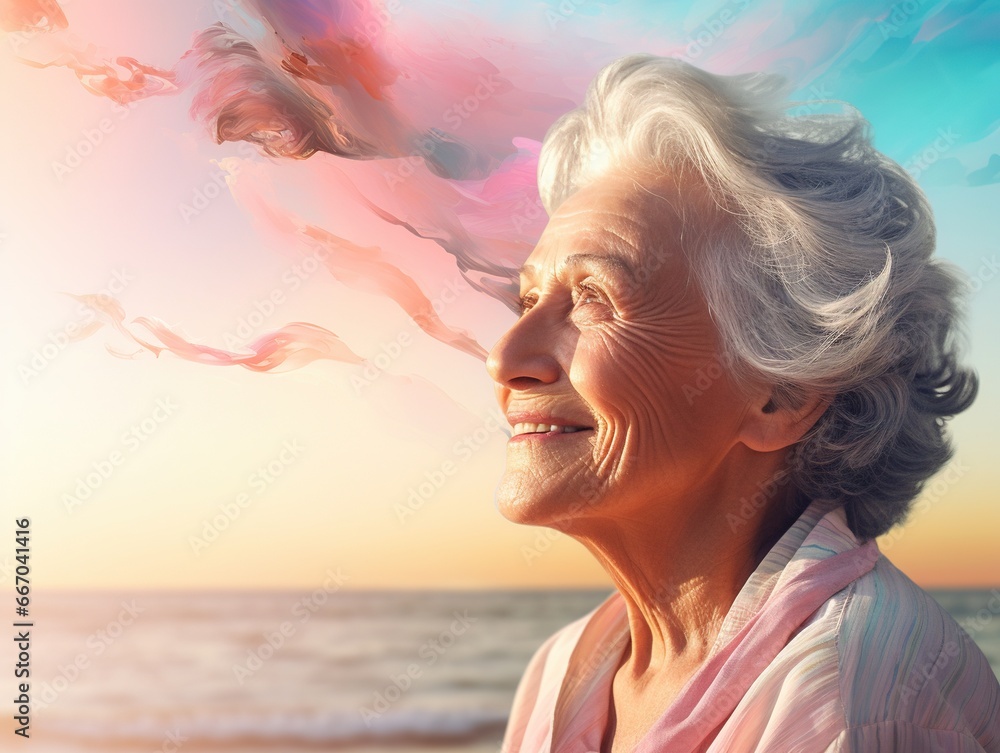 portrait an elderly lady with clouds behind her on a background of sky and sea