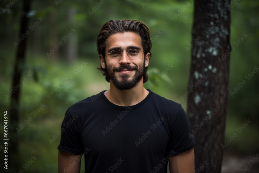 Portrait of young handsome man with beard and glasses, Young man in black shirt smiling looking at camera, Outdoor nature background Portrait of young handsome man with beard and glasses, Young man in black shirt smiling looking at camera, Outdoor nature background