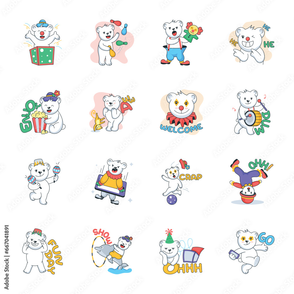 Cute Collection of Circus Teddy Doodle Stickers 

