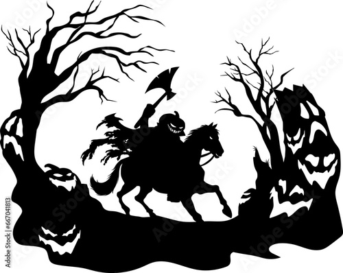 Headless Horseman Silhouette Running Axe And Jack's Lantern Pumpkin Head. Vector Hand Drawn Illustration Isolated On Transparent Background