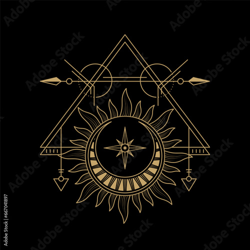 mysterious triangle golden magical sun vector design