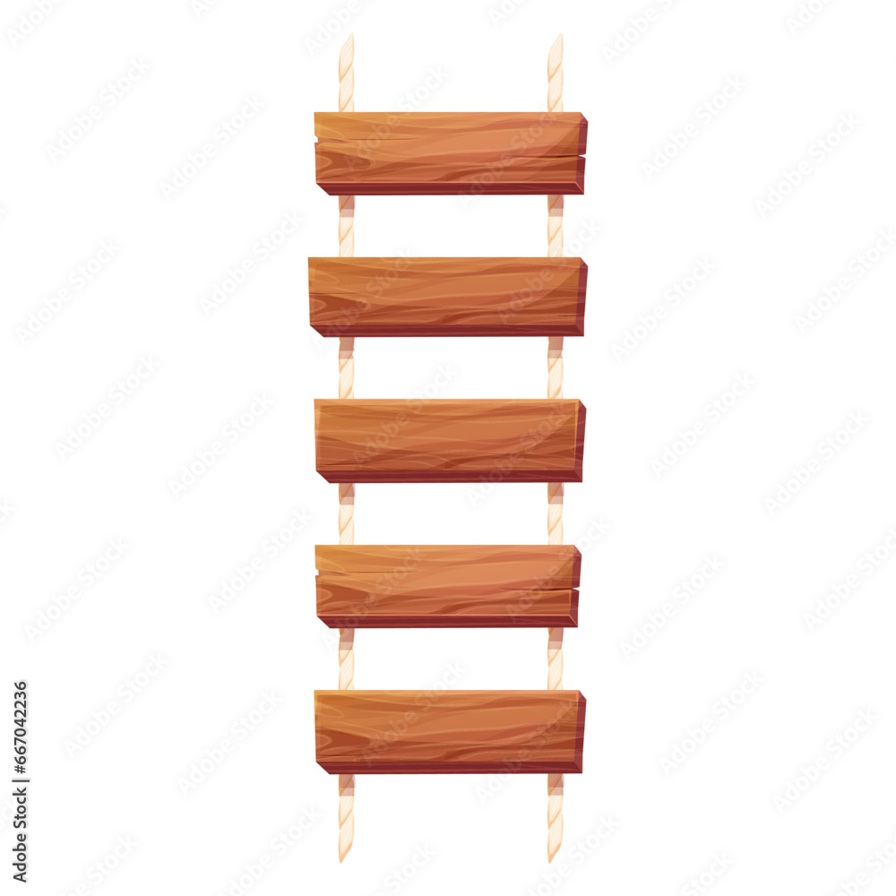 Wooden ladder with rope, planks hanging, staircase in cartoon style isolated on white background, Bridge, game road. Wooden ladder with rope, planks hanging, staircase in cartoon style isolated on white background, Bridge, game road.