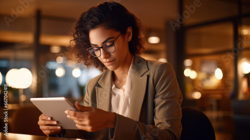 Young pretty professional businesswoman using smart tablet inside the office. Confident female planning corporate goals for new year. 