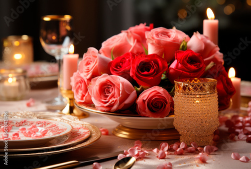 Valentines day table setting with pink roses and champagne glasses on table. Valentine's day background. A gala dinner for two.