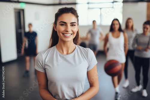 Portrait of Young beautiful female basketball coach standing in school gym   holding basketball ball   looking at camera and smiling