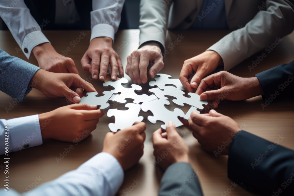 Business hands, puzzle and group of people for solution, teamwork and goals, integration and success. Team building, synergy and collaboration Business hands, puzzle and group of people for solution, teamwork and goals, integration and success. Team building, synergy and collaboration
