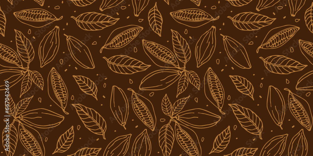 Brown Seamless pattern with Cocoa beans. Hand drawn Doodle sketch. Repeated background for textile, paper, wallpaper. Fruit, leaf and bean seamless pattern. Chocolate cocoa beans background.