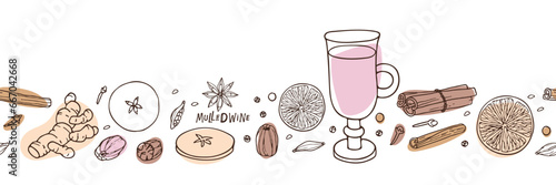 Seamless horizontal Alcoholic drinking frame. Traditional Christmas drink. Mulled wine ingredients. Doodle Outline vector illustration. Hot winter drink recipe sketch for menu, card, wrapping paper