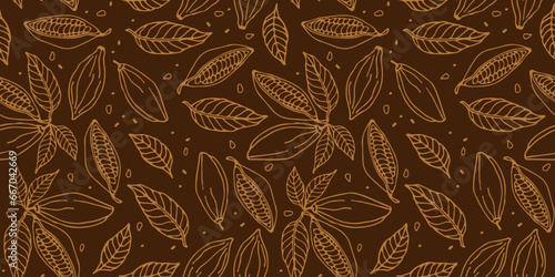 Brown Seamless pattern with Cocoa beans. Hand drawn Doodle sketch. Repeated background for textile, paper, wallpaper. Fruit, leaf and bean seamless pattern. Chocolate cocoa beans background.