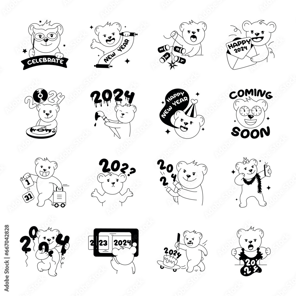 Collection of New Year Celebration Doodle Stickers 

