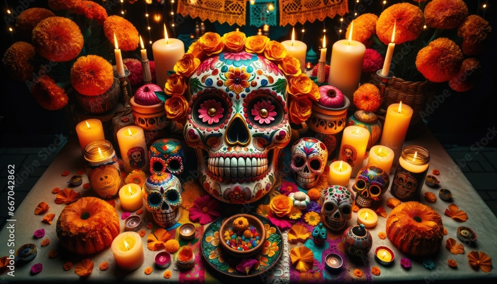 Photo of a traditional Day of the Dead altar in Mexico