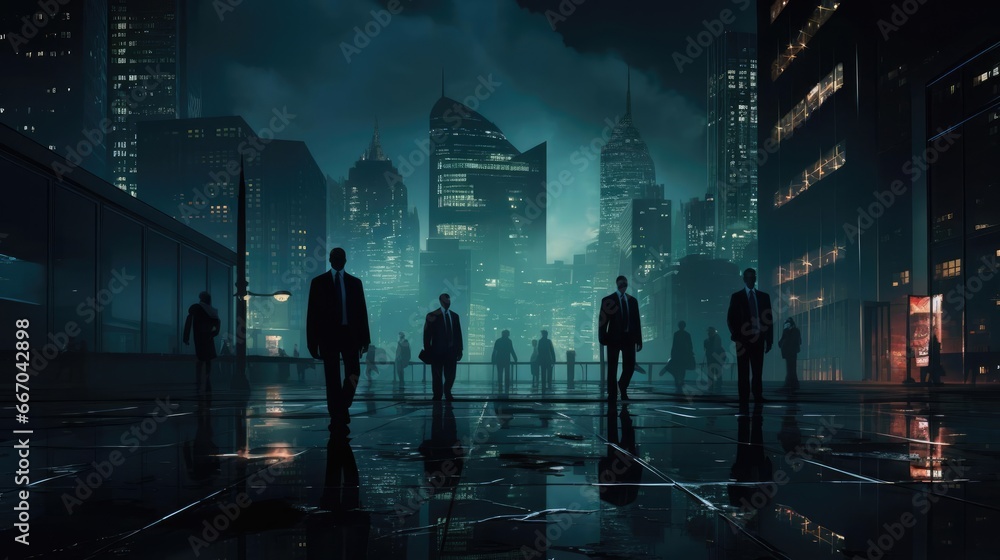 Dark figures of people on the background of the night city