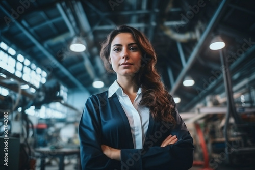 Portrait of young beautiful engineer woman working in factory building