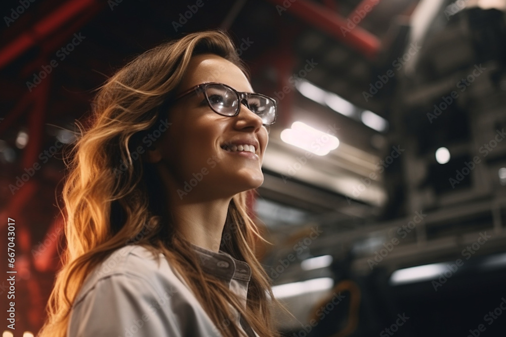 Portrait of young beautiful engineer woman working in factory building Portrait of young beautiful engineer woman working in factory building