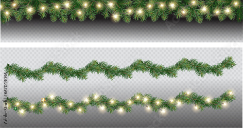 Vector border with green fir branches and with festive decoration elements on transparent background. Christmas tree garland with fir branches and lights.