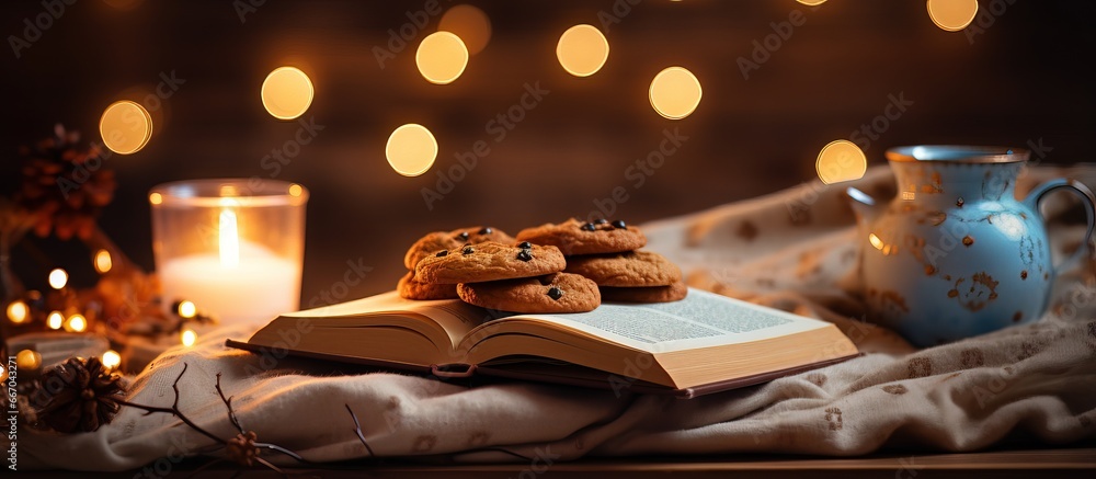 Obraz premium Hygge ambiance at home assortment of cookies vintage books glasses hot drink candle and fairy lights