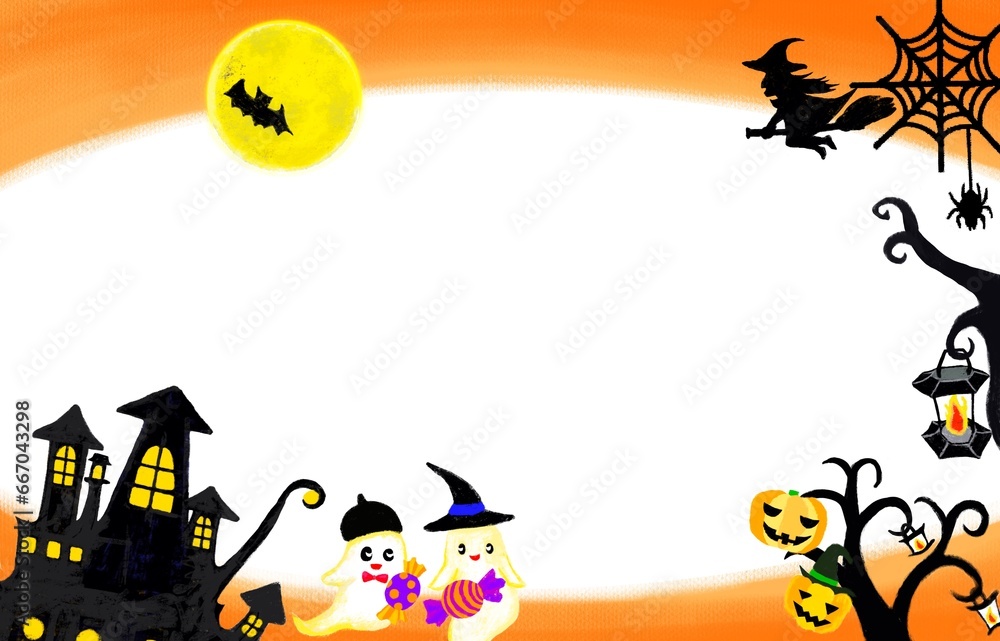 白バックに可愛いお化けやお城のハロウィンの背景イラスト 白バックに可愛いお化けやお城のハロウィンの背景イラスト