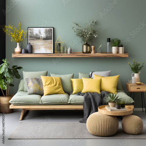 home interior design of modern living room. Rattan sofa with mint cushions and yellow pillows against green wall with wooden shelf