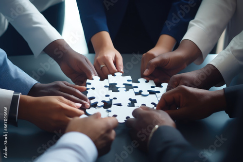 Business hands, puzzle and group of people for solution, teamwork and goals, integration and success. Team building, synergy and collaboration photo