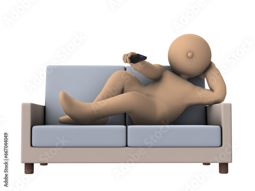 ソファーに寝そべり、リモコンでザッピングする怠惰な男性 #667044049