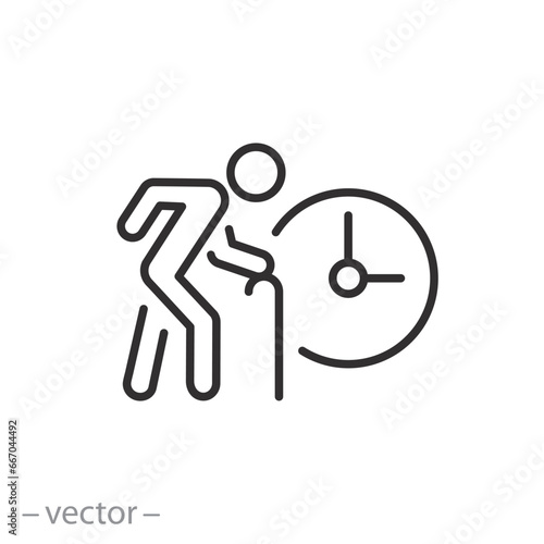 retirement time icon, pension age, pensioner with clock, thin line symbol on white background - editable stroke vector eps10