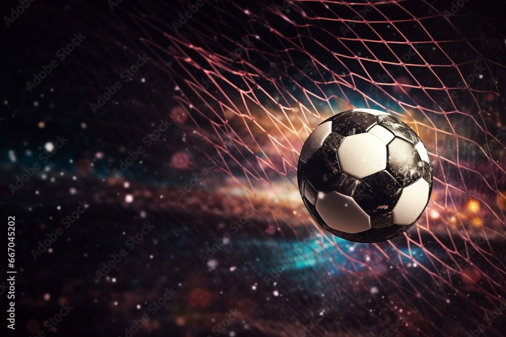 Monochromatic soccer ball in the goal net with colorful particles under sky lighting. 3D illustration. Generative AI