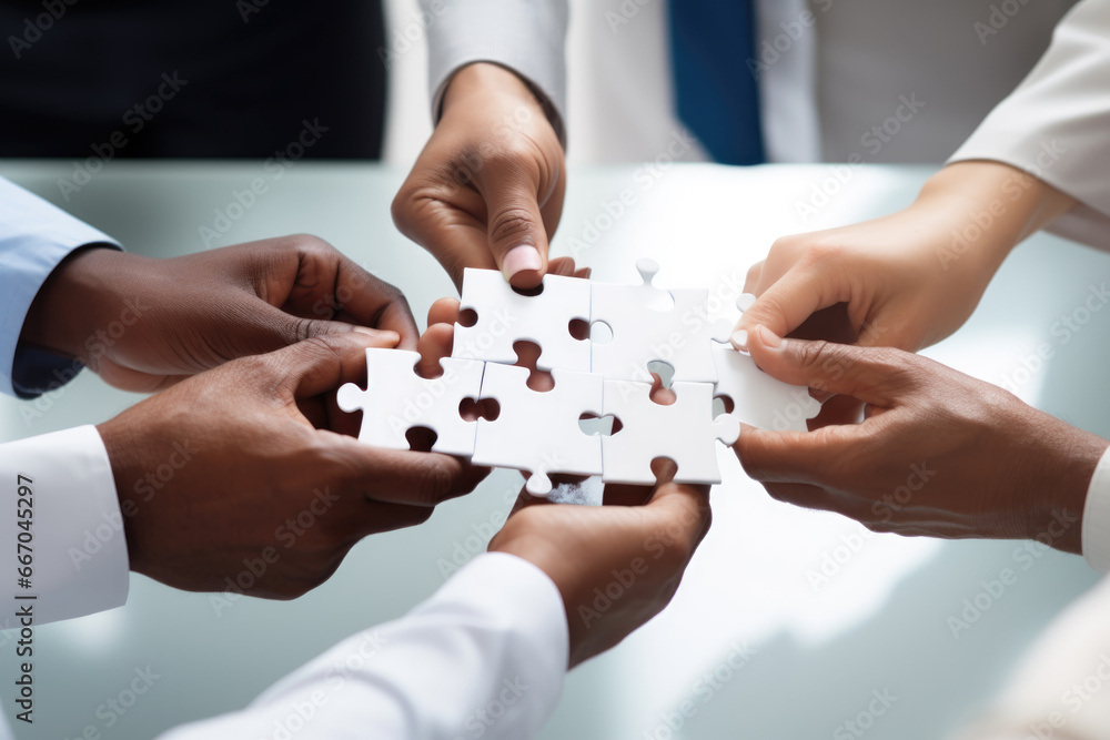 Business hands, puzzle and group of people for solution, teamwork and goals, integration and success. Team building, synergy and collaboration Business hands, puzzle and group of people for solution, teamwork and goals, integration and success. Team building, synergy and collaboration