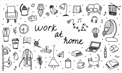 Cute vector set of hand-drawn doodles about work at home, hobbies. Doodle icons, house elements, cliparts, sketches, template. Isolated on a white background.