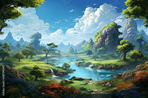 Scenic nature artwork featuring rivers, trees, and sky. Generative AI