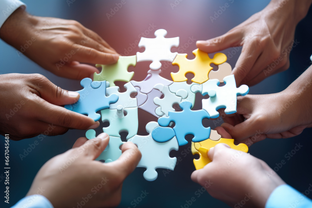 Business hands, puzzle and group of people for solution, teamwork and goals, integration and success. Team building, synergy and collaboration Business hands, puzzle and group of people for solution, teamwork and goals, integration and success. Team building, synergy and collaboration