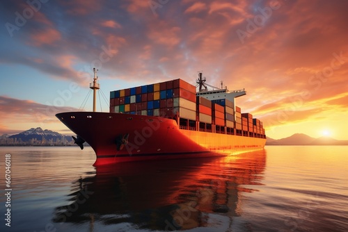 Sunset Shipping: Container Ship on the Ocean