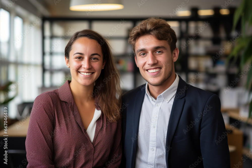 portrait of two Business people smiling in office portrait of two Business people smiling in office